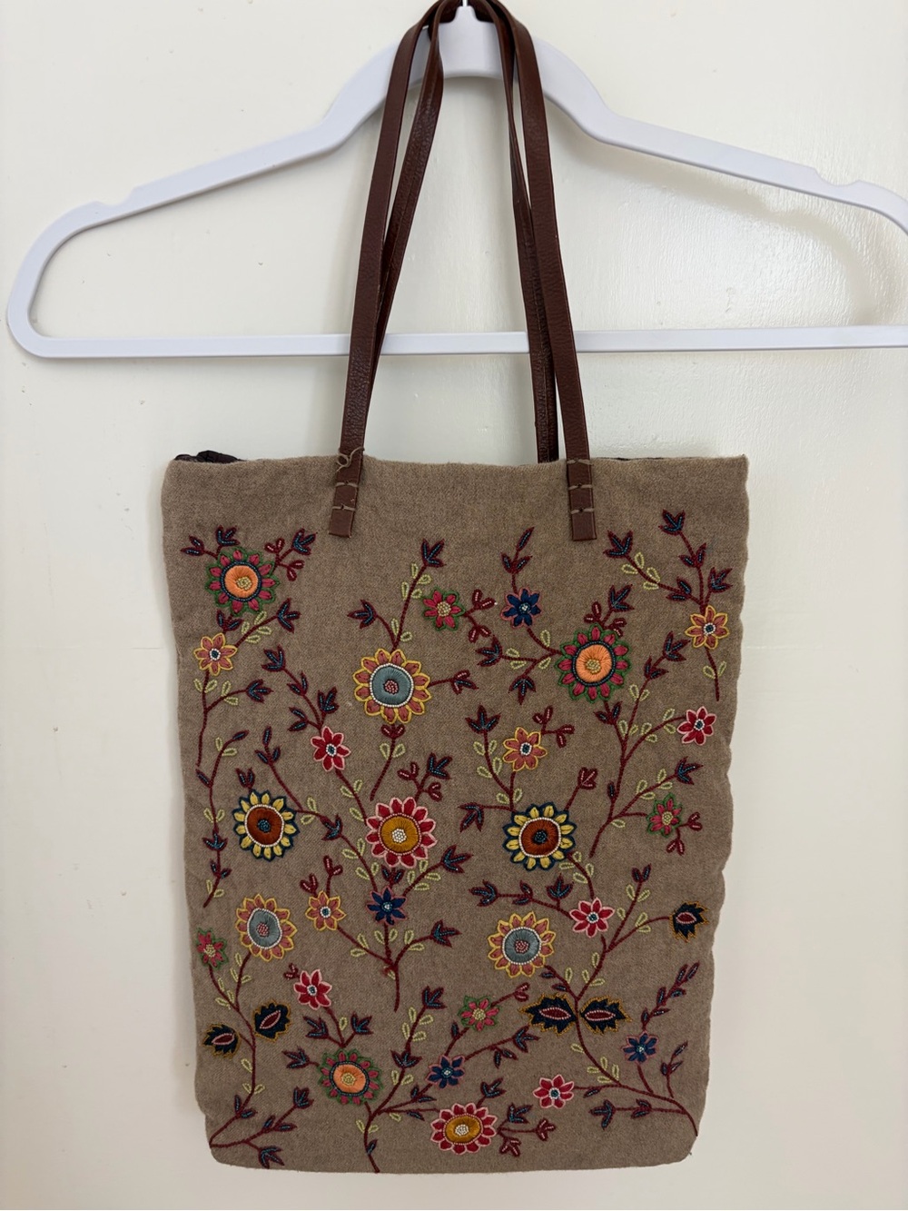 Floral Embroidered Brown Tote Bag